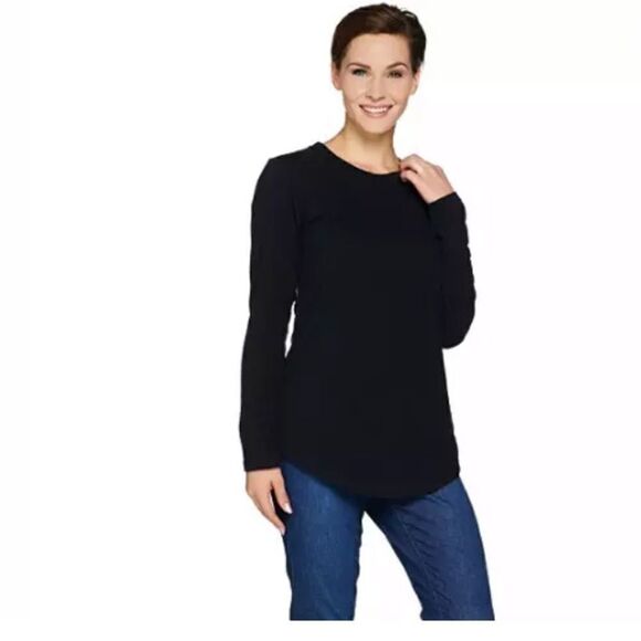 Isaac Mizrahi Live! DENIM Slub Knit Tunic w/ Plaid Corduro Back - Picture 1 of 6